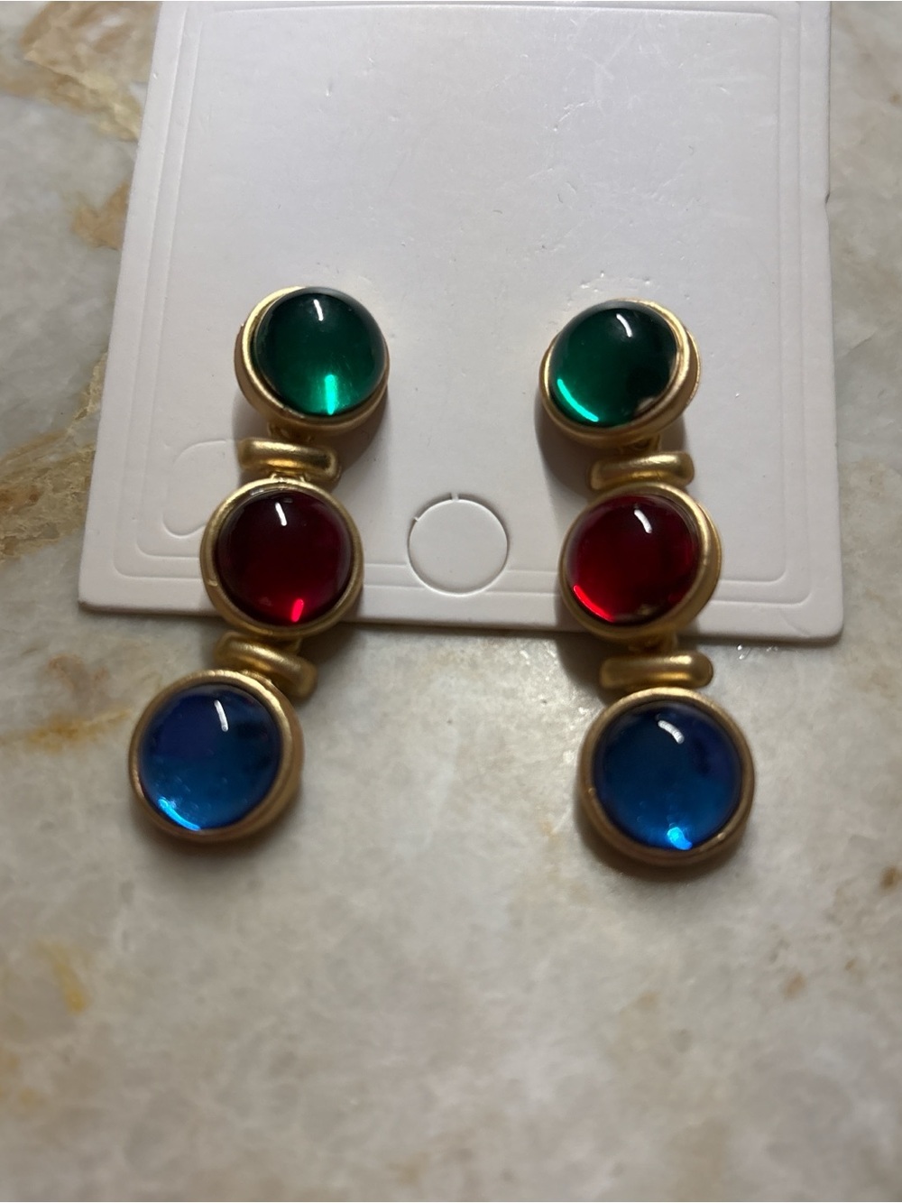 Vintage Gold-Tone Drop Earrings with Green, Red & Blue Cabochons